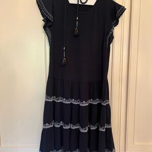 Tory Burch Navy Mini Dress with Light Blue Embroidered Trim, Tassel Belt.